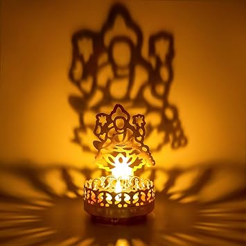 Metal Ganesha Lakshmi Shadow Diyas Diwali Tea Light Candle Holder Birthday Wedding Gifts for Indian Friends Man Woman Murti Puja Item Home Office Temple Mandir Pooja Altar Decor