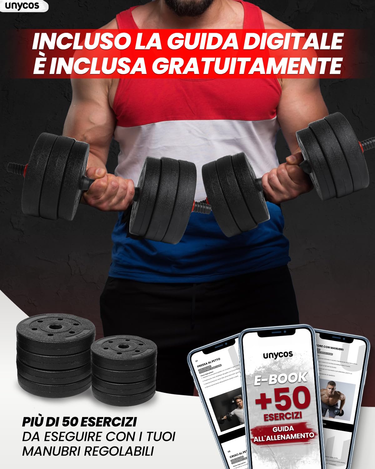 unycos - Manubri Regolabili con Dischi 20 kg【E-Book con 50 Esercizi】Coppia di Pesi con Barra di Collegamento Antiscivolo per Allenamento, Palestra in Casa, Fitness (Red Transformer)