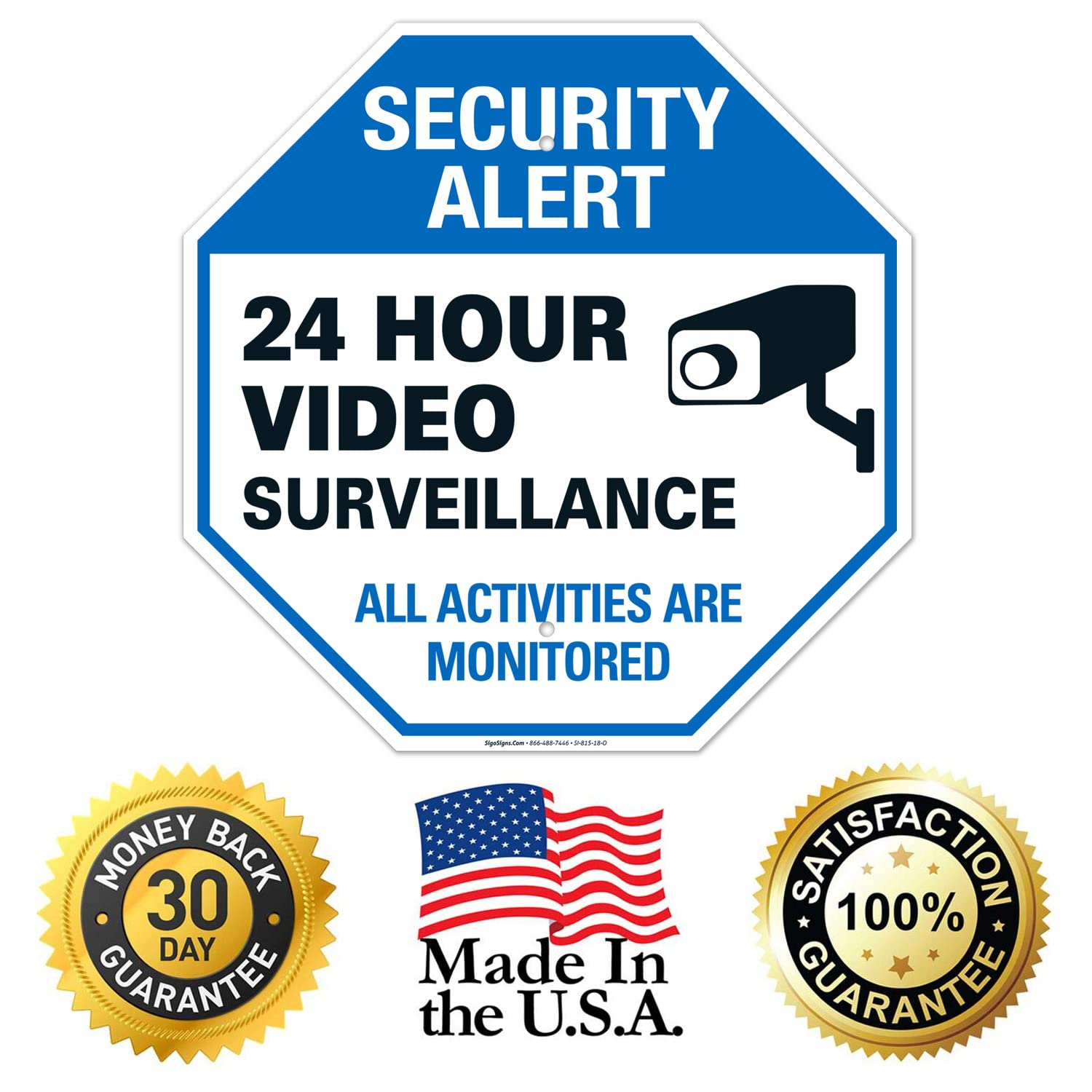 Video Surveillance Sign, CCTV Security Alert, 18x18 Inches, 55 mil Thick HDPE (high Density polyethylene), Made in USA