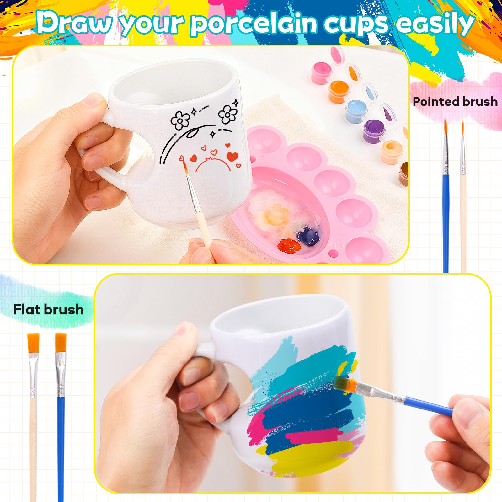 Yaunming Set di 2 tazze da pittura in ceramica, set fai da te per adulti, 2 tazze in ceramica, 12 colori senza piombo, 8 pennelli professionali, fai da te per adulti e bambini