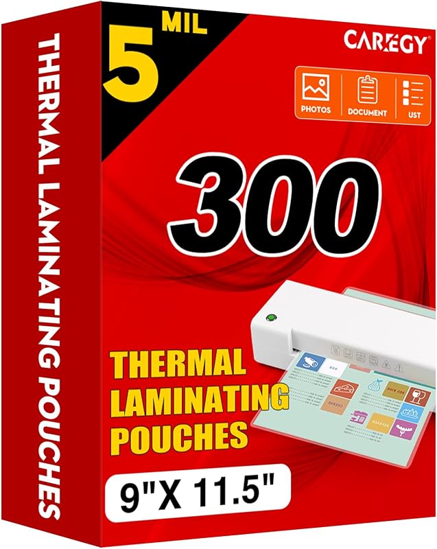 CAREGY 300 Pack Laminating Sheets, Holds 8.5 x 11 Inch Sheets,5 Mil | 9 x 11.5 Inches Thermal Laminating Pouches for Laminator, Clear, Letter Size, Office and School Supplies