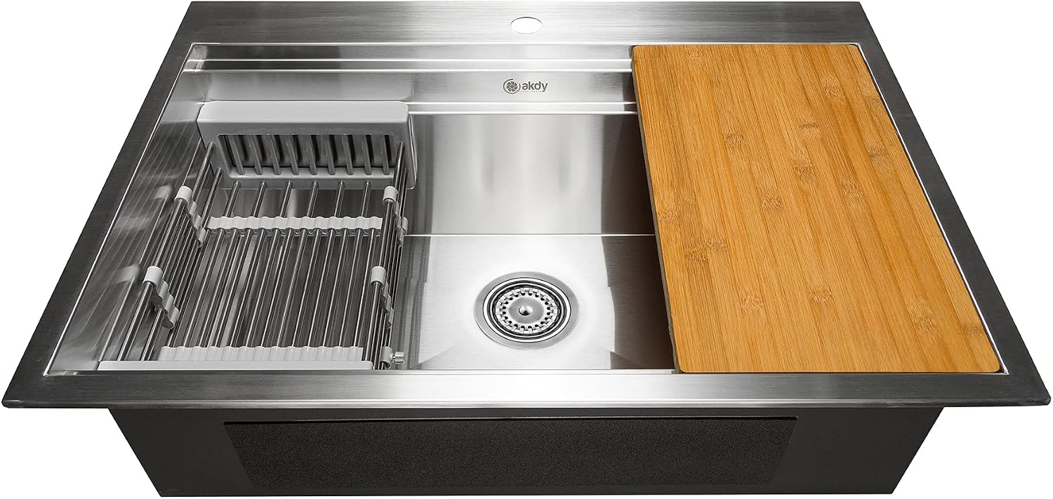 AKDY 30-inch Drop-in Kitchen Sink Workstation Ledge Sink 30"x22"x9" Stainless Steel Single Bowl Sink with Drying Rack & Cutting Board