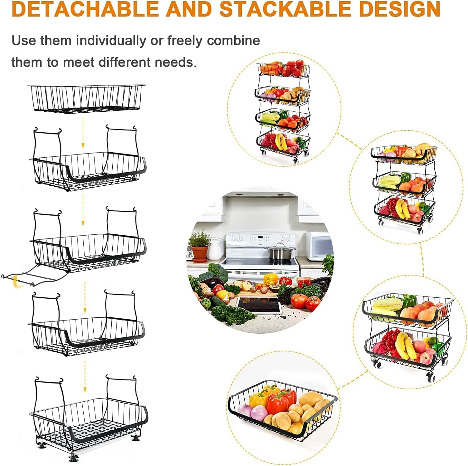 Fruit Vegetable Storage Basket with Wheels Kitchen Rack 6-Tier Stackable Floor-Standing Movable Organizer Household Snack Shelf for Living Room Dressers Stand
