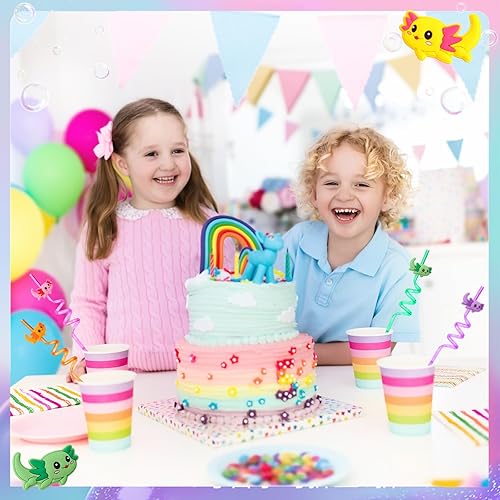 Miniatura 6 de Uiifan 30 pajitas de ajolote de plástico para fiestas, suministros de fiesta de ajolote giratorio con 2 cepillos de limpieza, popotes reutilizables