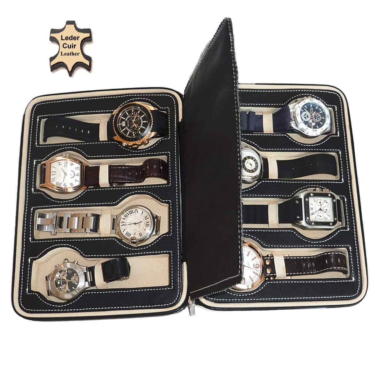 Estuche XXL Highlight OFFICIAL GENEVA BLACK para 8 relojes - cuero genuino