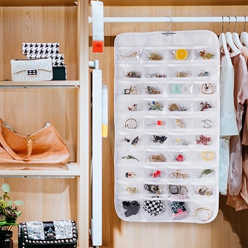 Miniatura 4 de Bloss Organizador de joyas colgante con 80 bolsillos de doble tamaño para almacenamiento de joyas para almacenamiento de pendientes de joyería,