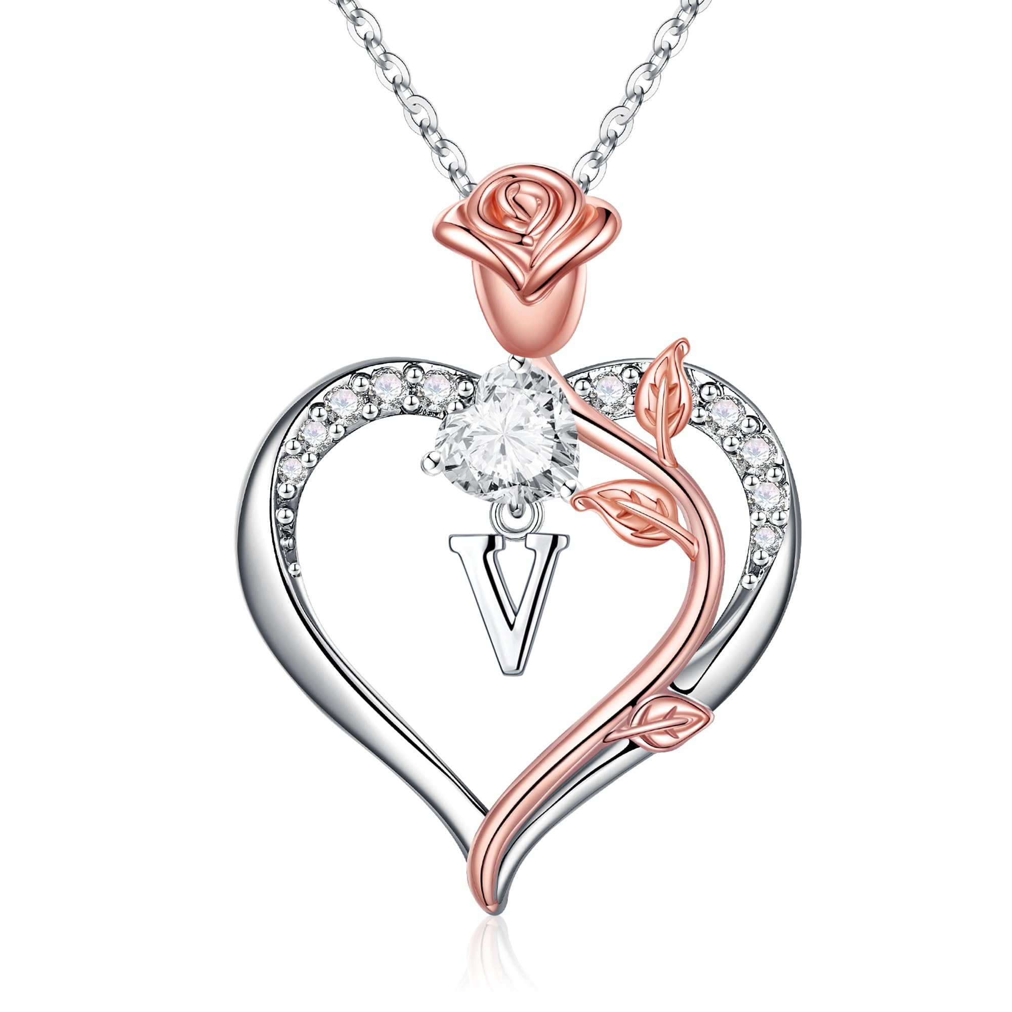 TINGN Rosen Herz Buchstaben Halskette Damen, 14K Weißgold Vergoldet Herz Kette mit Buchstaben Geschenke für Mutter Frauen Freundin Mädchen, Geschenke für Geburtstag Hochzeit Weihnachten Valentinstag