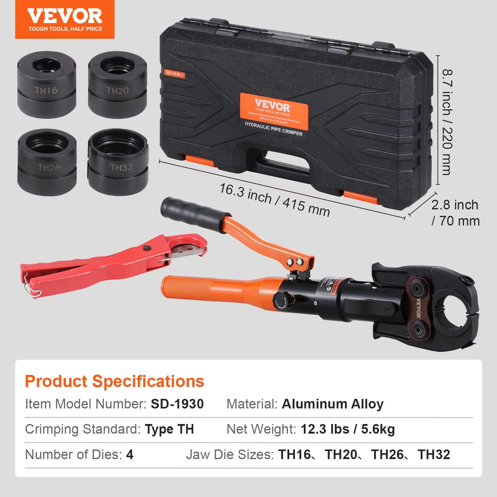 VEVOR Utensile per Crimpatura Idraulica per Raccordi per Tubi in Rame, Pinza Pressatura con Ganasce a Cambio TH16, TH20, TH26, TH32, kit Pressa Girevole a 360° Raccordi a T Azionati Idraulicamente