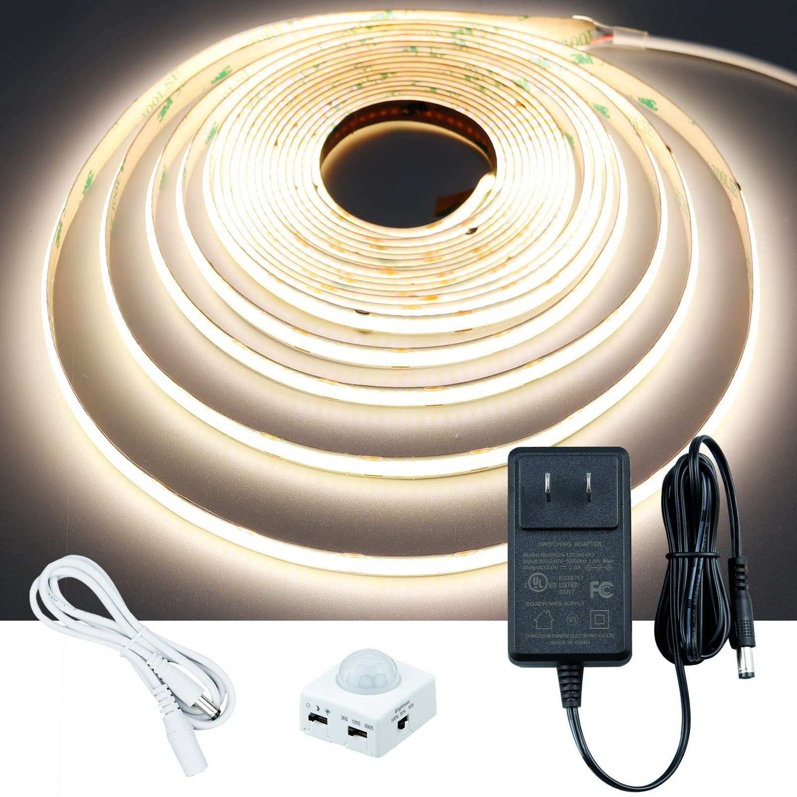 GOMING Motion Sensor COB LED Light Strip 16.4ft(5M) Natural White 4000K 3 Lighting Modes 3 Timing Off Modes 3 Brightness Modes with Power Adapter for Kitchen Cabinets Stair Showcase Bedroom Bed