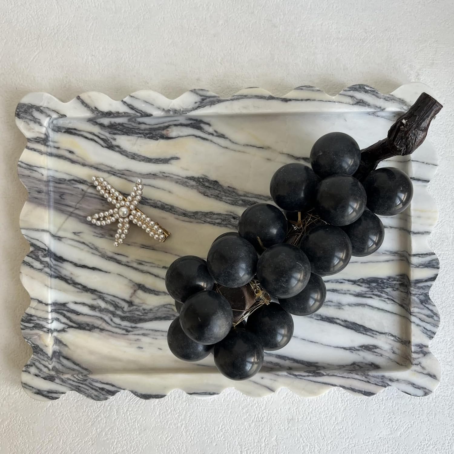 Natural Scalloped Marble Tray 10.8"x8",Decorative Rectangle Tray for Bathroom Kitchen Counter, Dresser (Italy-Calacutta Purple)