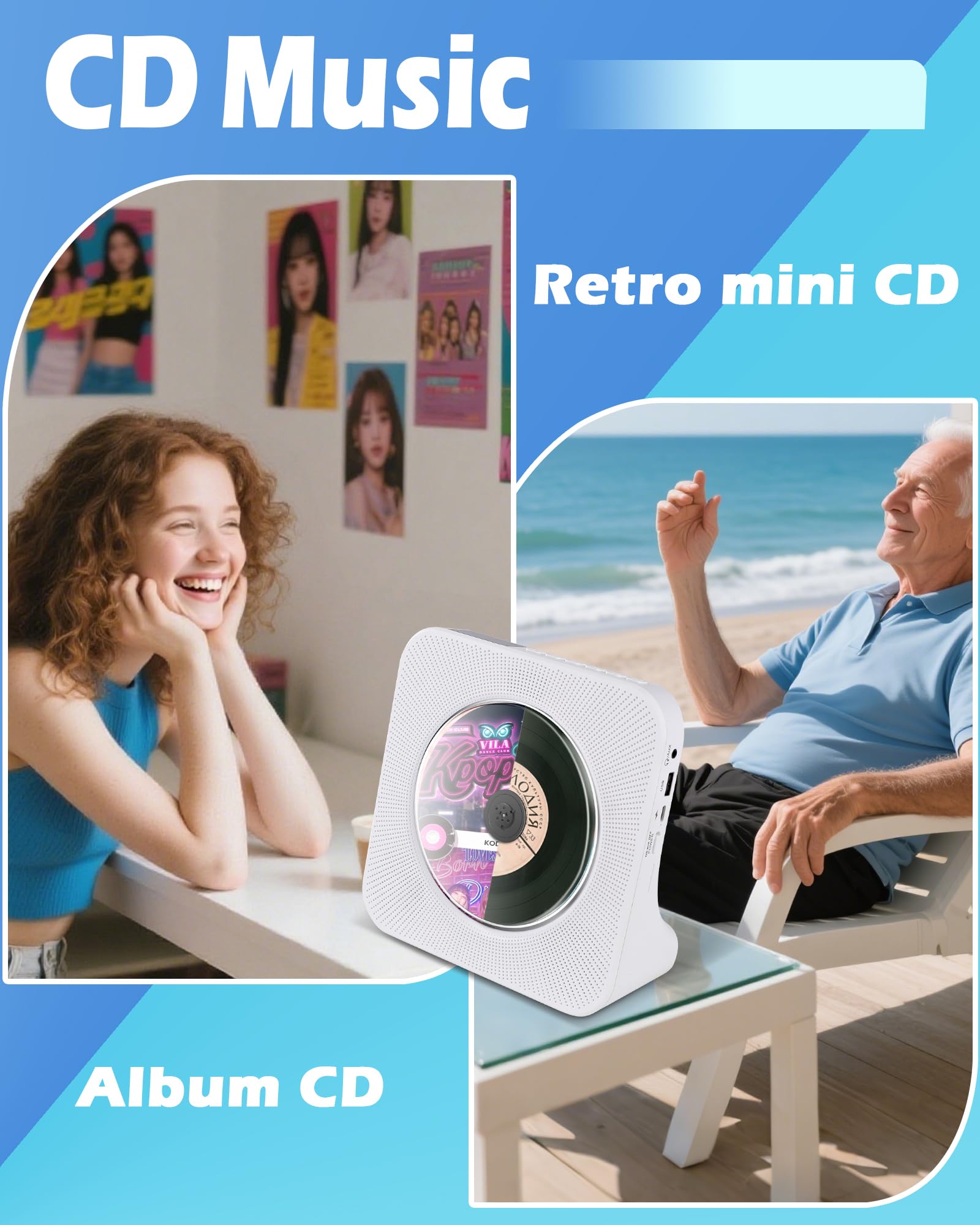 Ładowalny Przenośny Odtwarzacz CD，Wbudowany Odtwarzacz CD Bluetooth z Dwoma Głośnikami, Pilot Zdalny, USB，AUX，Domowe Odtwarzaczes CDs HiFi Stereo，Odtwarzaczs CDs Kompaktowy, Radio FM
