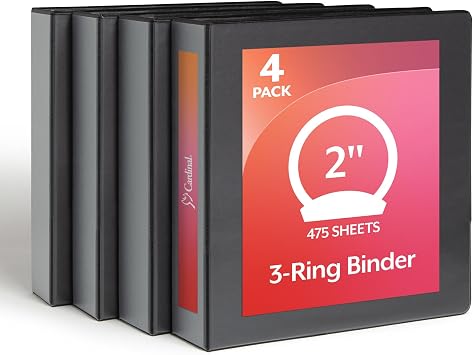 Cardinal Economy 3 Ring Binder, 2 Inch, Presentation View, Black, Holds 475 Sheets, Nonstick, PVC Free, 4 Pack of Binders 79522