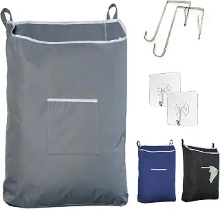 The Fine Living Co. Large Hanging Laundry Hamper with Over Door Hooks & Adhesive, Durable Space Saving Laundry Bag with Zipper and Wide Open Top, Hanging Dorm Laundry Hamper 17.5"x4.75"x28" (Grey-L)