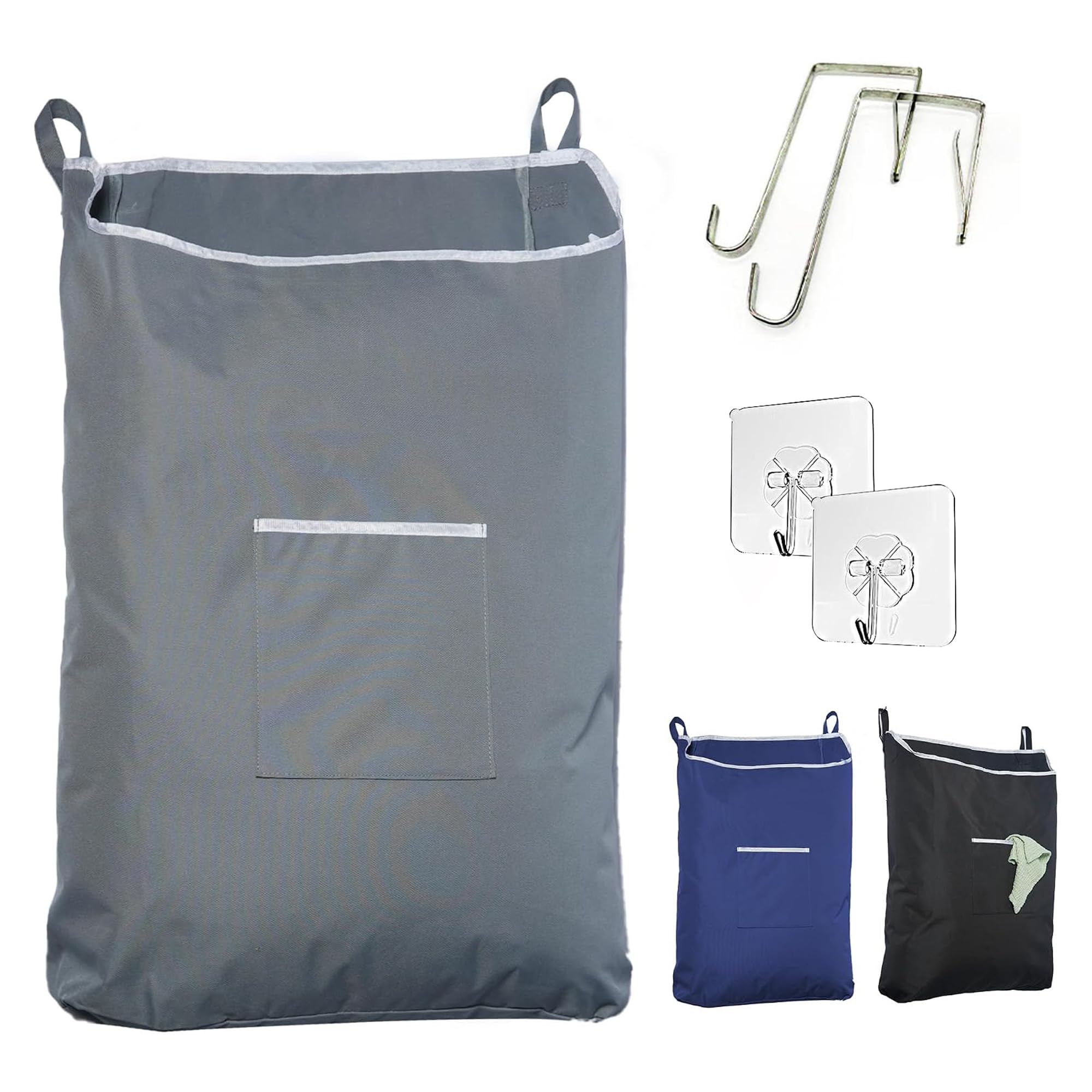 The Fine Living Co. Large Hanging Laundry Hamper with Over Door Hooks & Adhesive, Durable Space Saving Laundry Bag with Zipper and Wide Open Top, Hanging Dorm Laundry Hamper 17.5"x4.75"x28" (Grey-L)