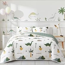 3-Piece Cotton Quilt Set Full/Queen, Dinosaur Theme Green Color Design for Kids Boys n Girls, Smooth Soft Quilt Bedspread Bed Cover for All Season, 1 Quilt and 2 Pillow Shams- 90x90 inches
