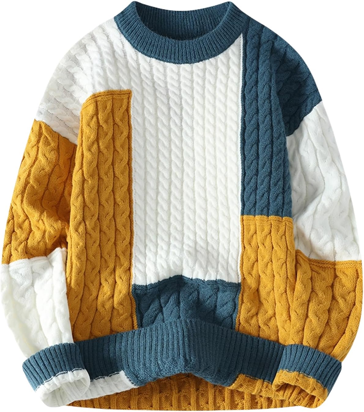 GURUNVANI Mens Patchwork Sweater Colorblock Knit Jumper Vintage Cable Knitted Pullover Sweater
