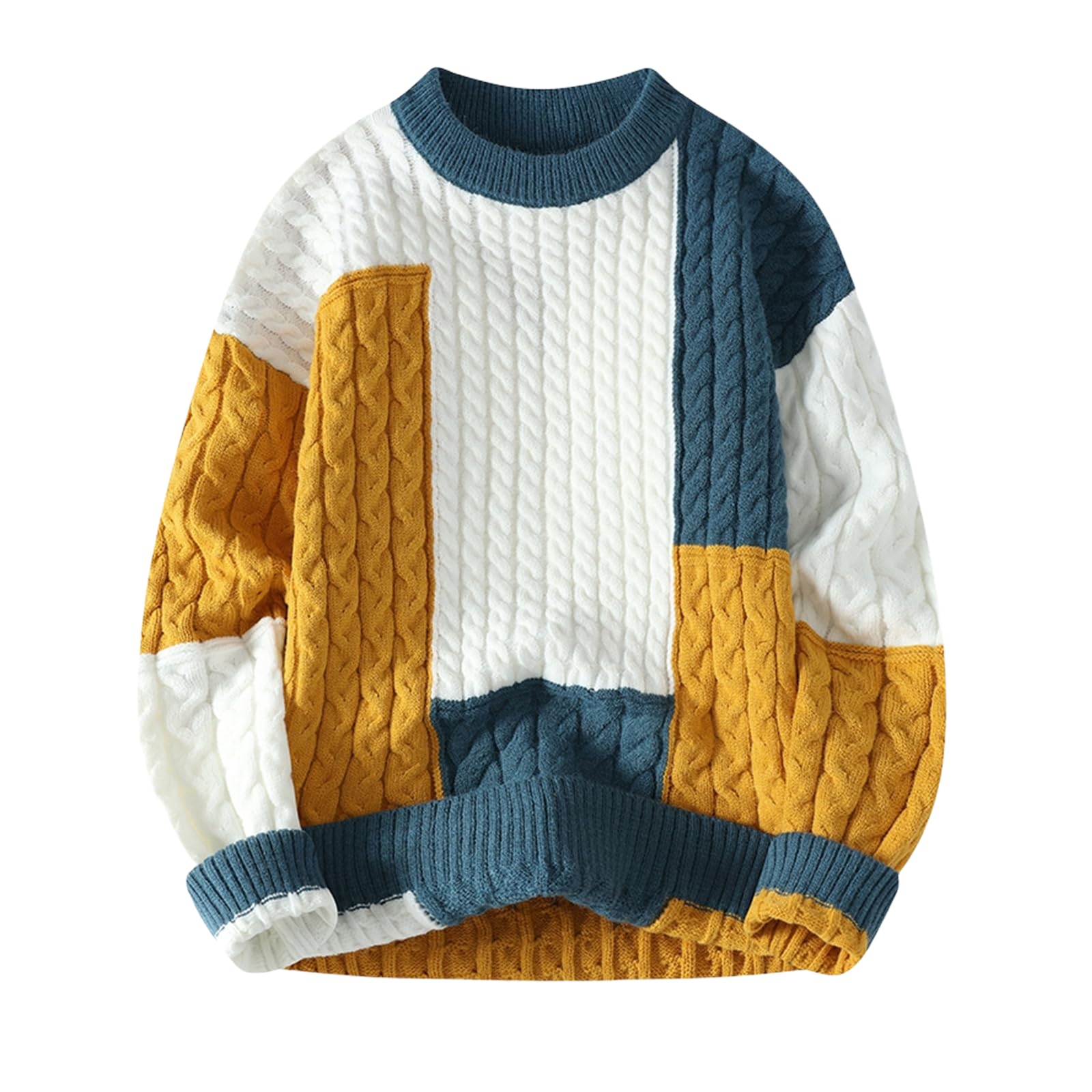 GURUNVANI Mens Patchwork Sweater Colorblock Knit Jumper Vintage Cable Knitted Pullover Sweater