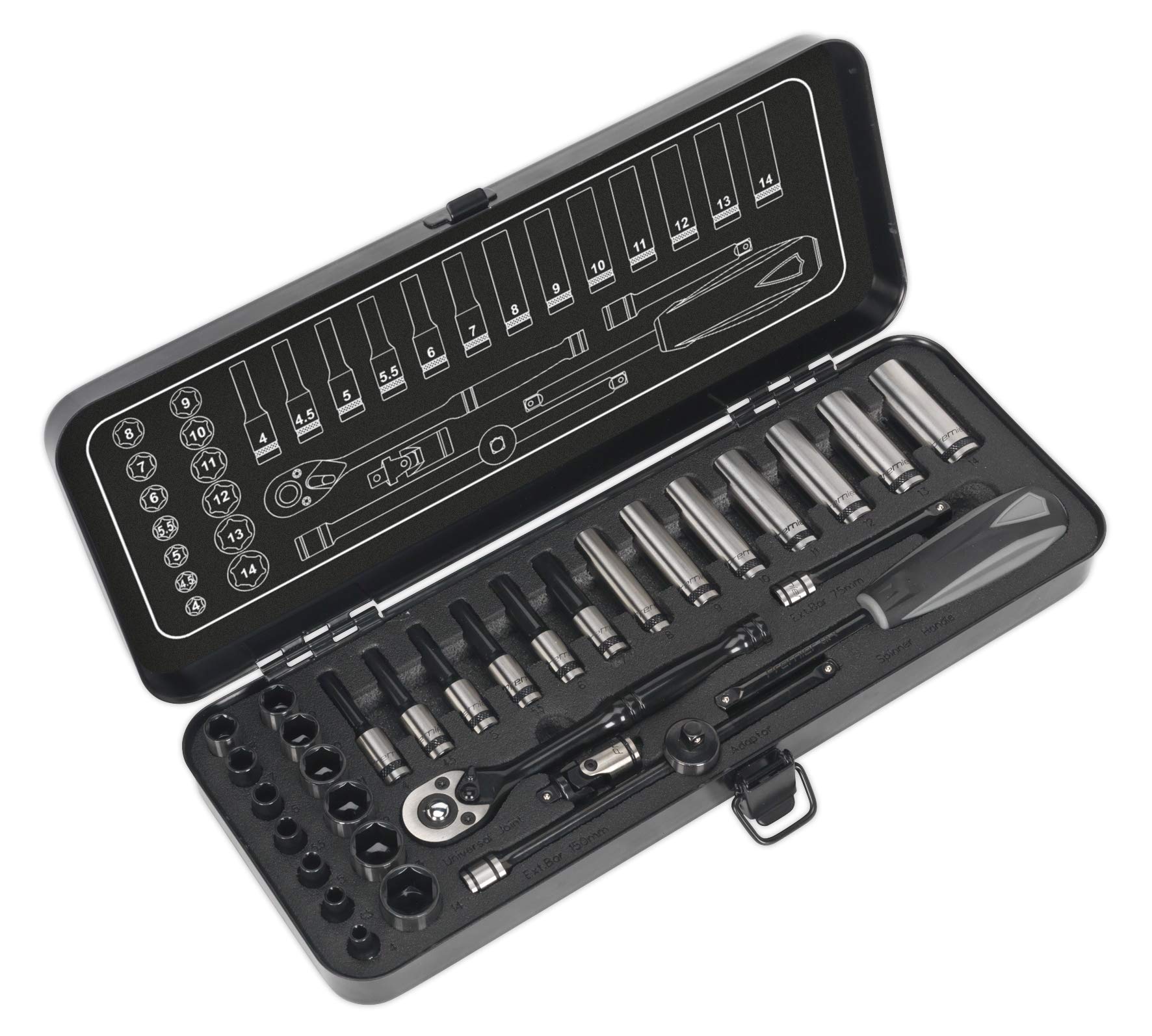 Sealey White Ak7970 Socket Set 32Pc 1/4In Sq Drive 6Pt Walldrive Metric Black Series