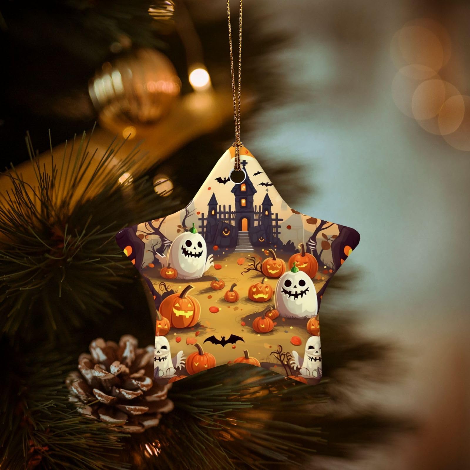 Christmas Tree Ornaments Ceramics Christmas Decorations Halloween Holiday Ornaments with Gold Ribbon Porcelain Xmas Tree Crafts Star Shape Hanging Pendant for Christmas Tree Party Decor