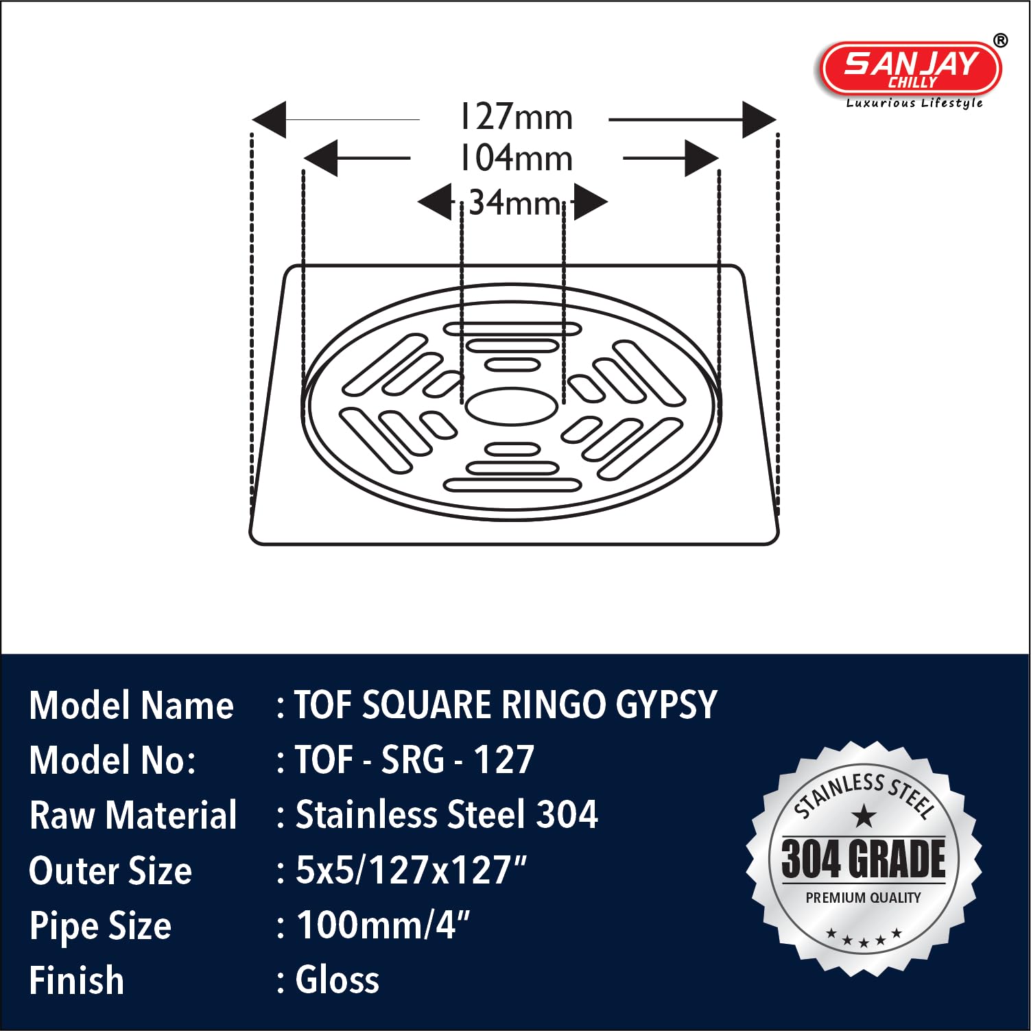 Sanjay Chilly SS Floor Drain with Hole (Pipe Insert) 304 Grade Kitchen Sink Top Cover Jali Luxurious Bathroom Gratings Water Drain Strainer Bathtub Laundry Square Ringo Gypsy - Silver - 5 x 5 INCH 2