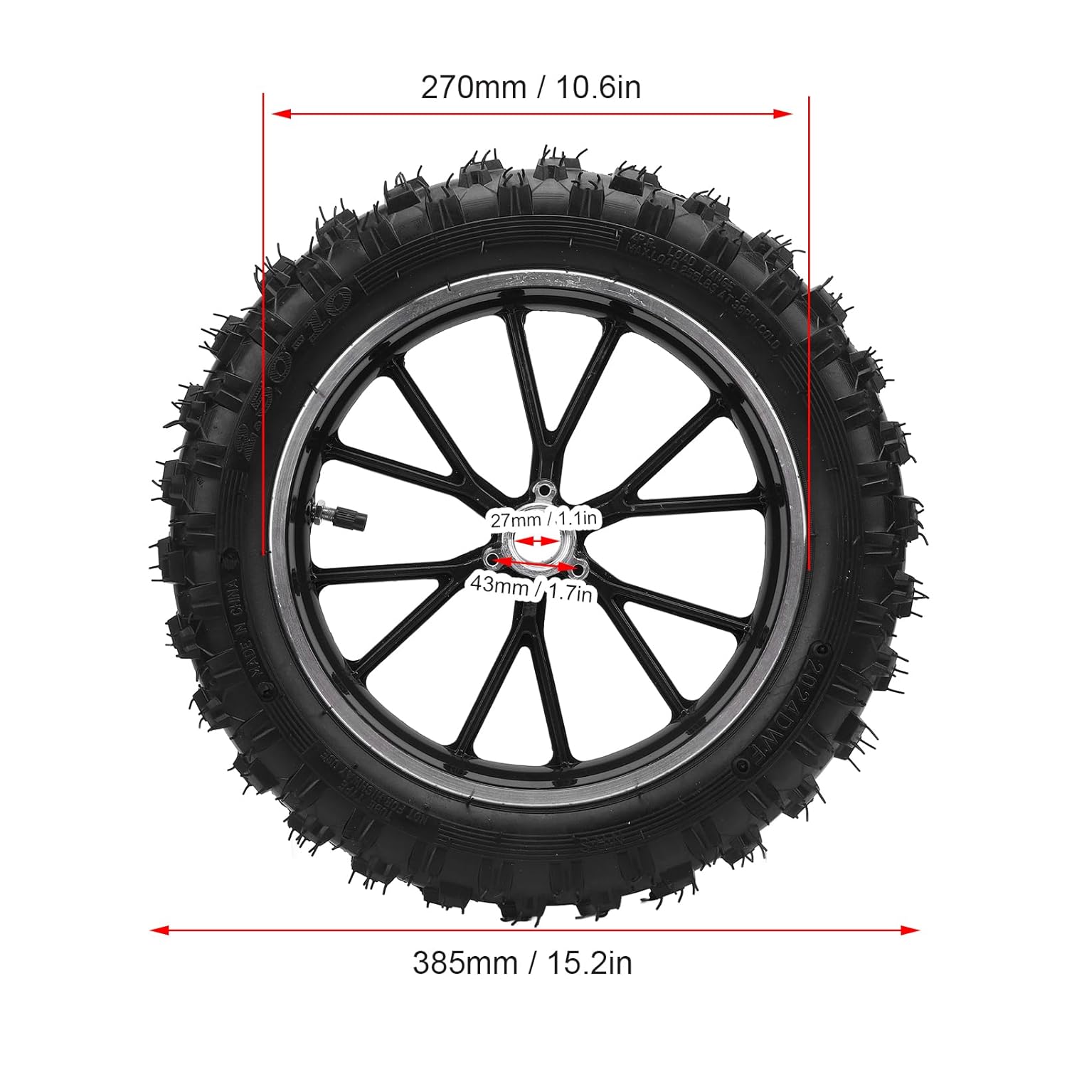 Mini Dirt Bike Front Wheel Hub Tire, 2.5 to 10 Rubber Metal Structure for Off Road Motorcycles, Mini Bike Replacement Tyre (Black)