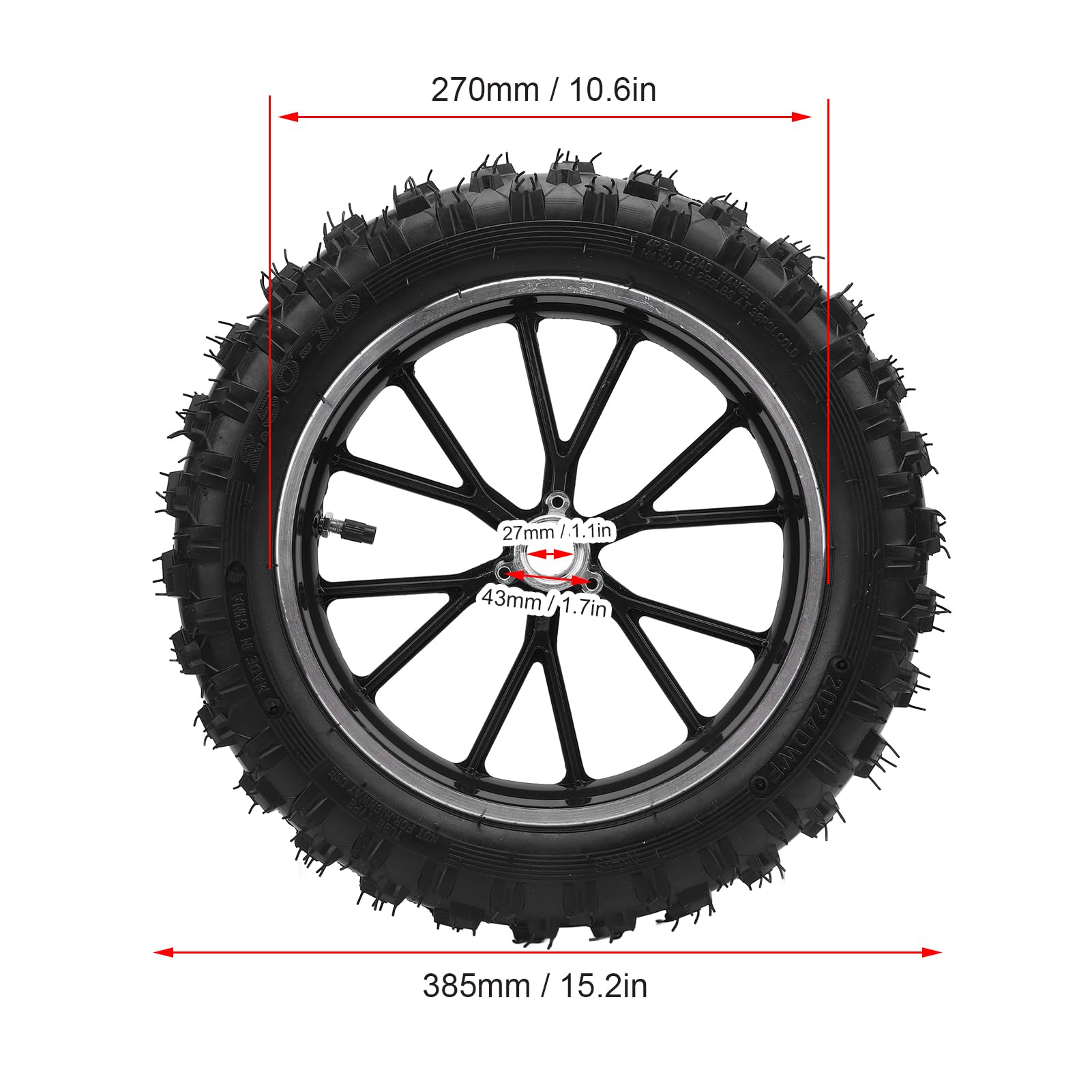 2.5-10 Moyeu de Roue Avant Pneu Moto Dirt Bike Haute ténacité en Caoutchouc à L'usure Cadre Métallique avec Motif de Bande de Roulement optimisé pour Mini Motos Vélos (BLACK)