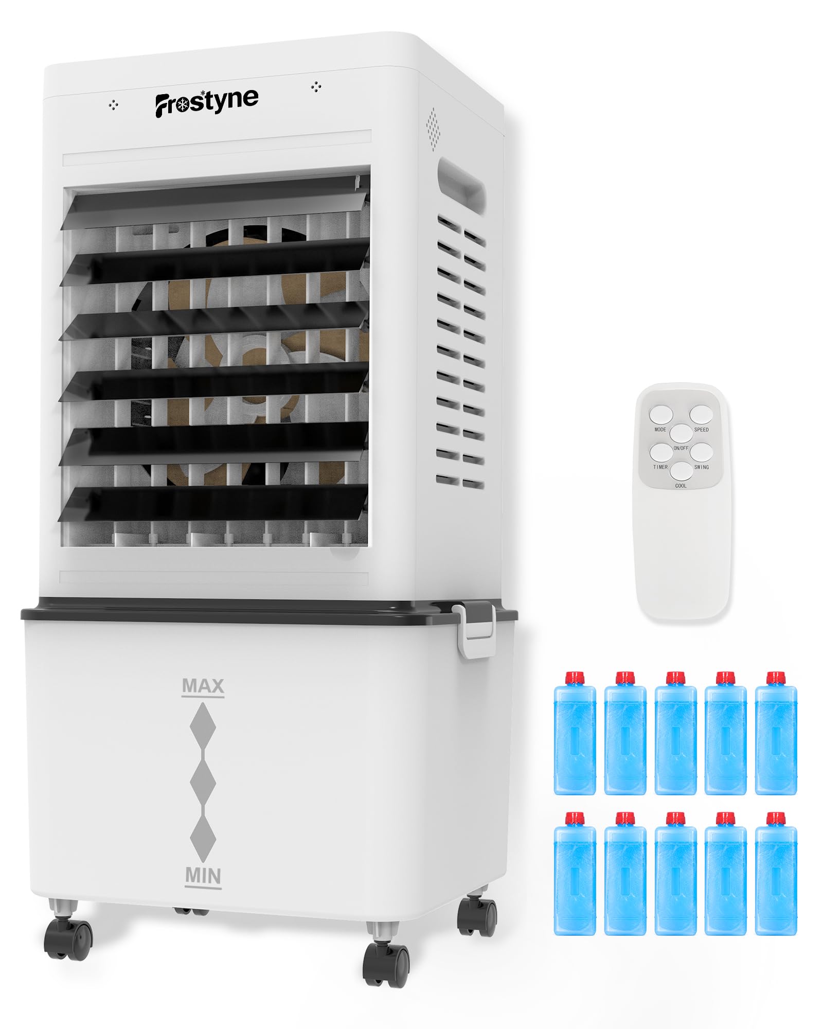 Portable Evaporative Air Cooler w/Humidifier – 3Ga Water Tank, 10 Ice Packs, 6 Speeds & 4 Modes, Timer & Remote, Windowless Portable Fan for Bedroom, Home, Office,Black