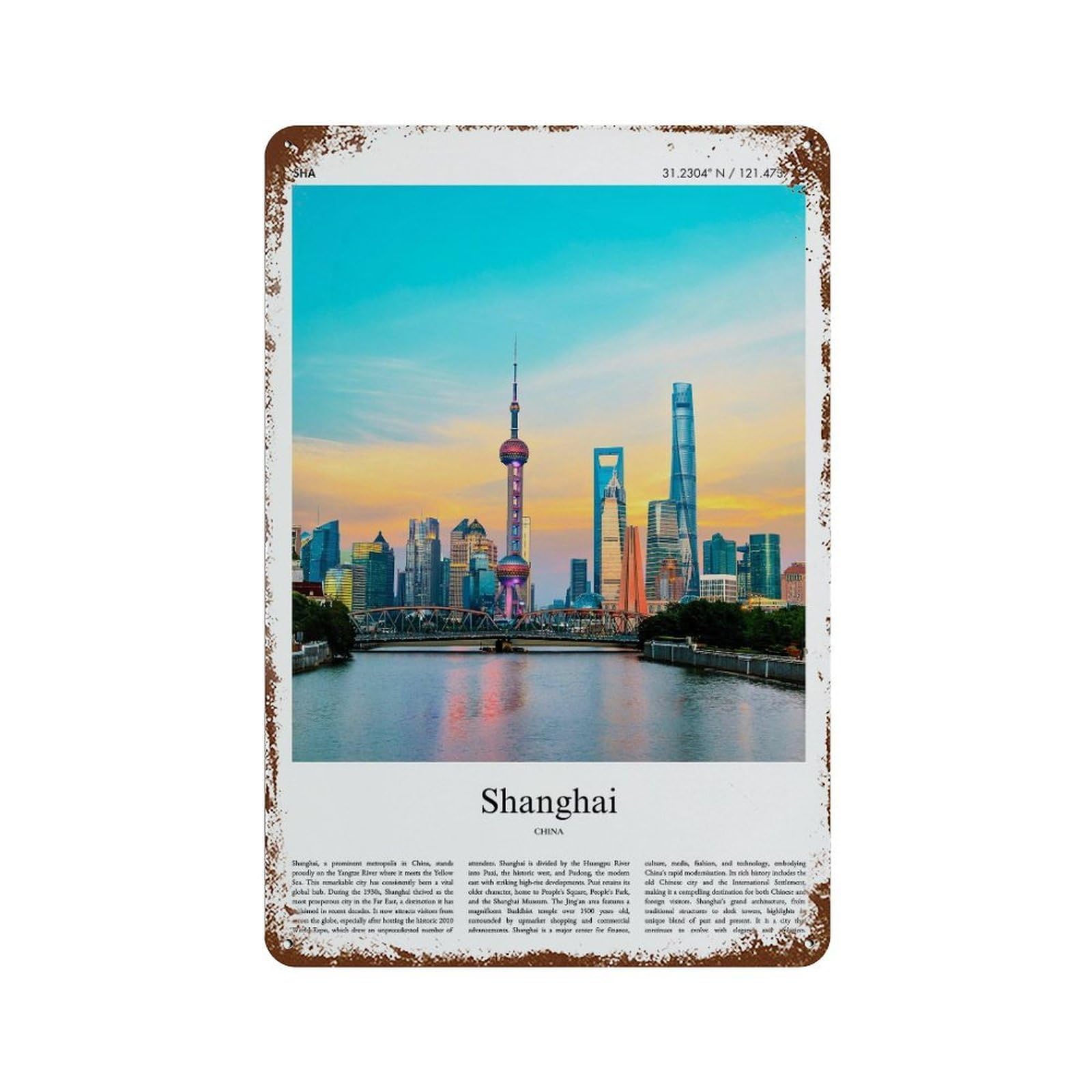 xiaoxiaoshen Shanghai China City Scenery Wall Decor Art Metal Tin Poster Modern Home Decor Art Home Bar Shop Decorations Vintage Sign 30x20cm