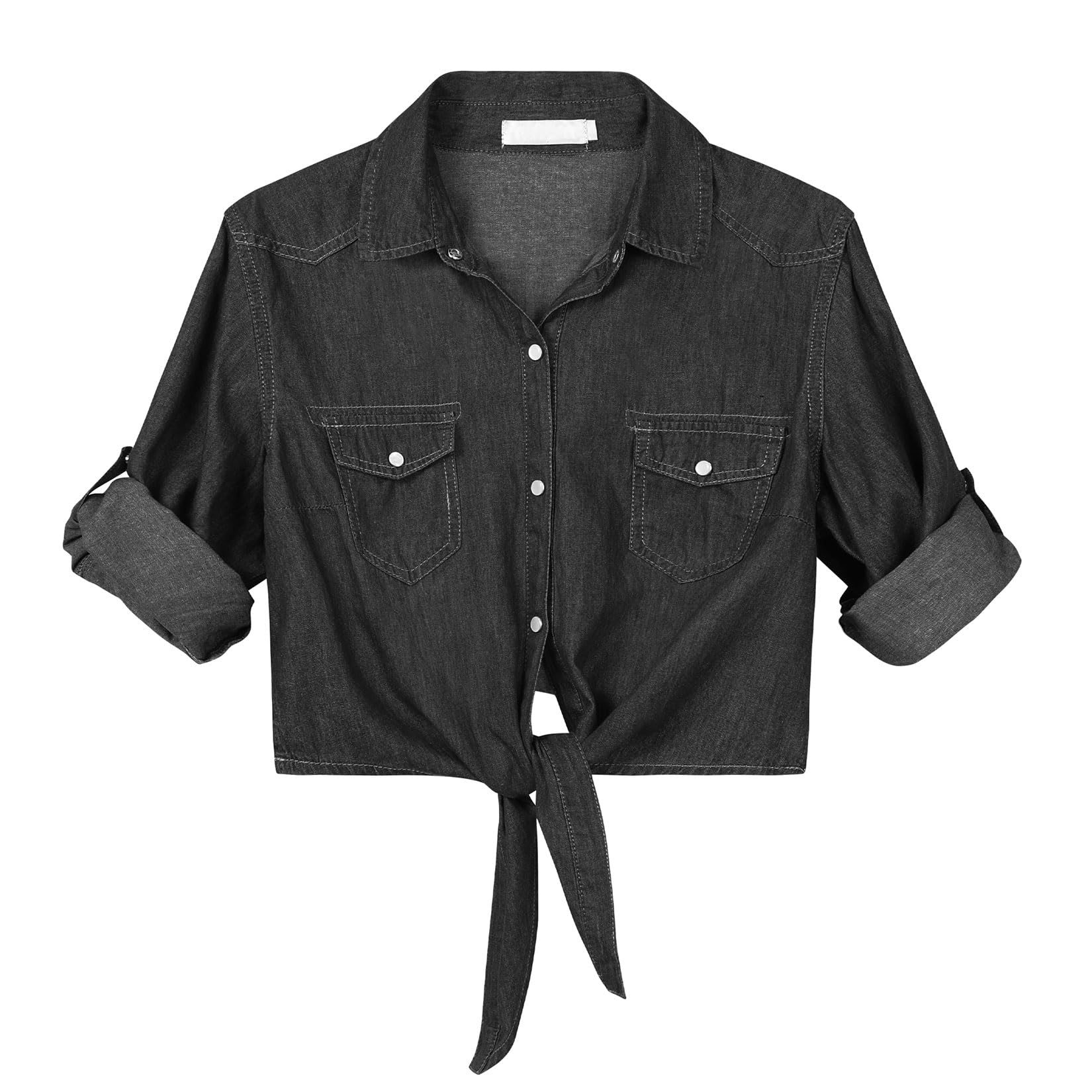 Komorebiwomens Sleeve Front Tie Shirt Denim Shirt Crop