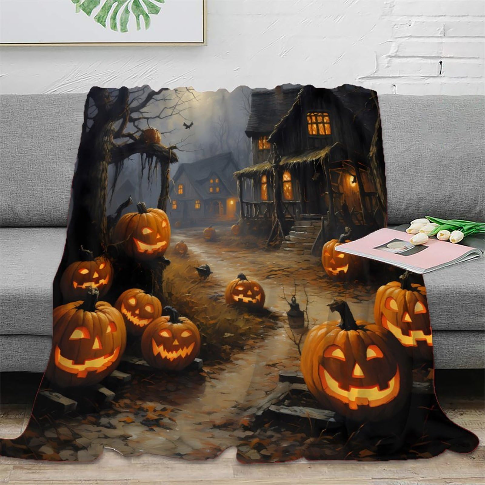 Plaid Halloween village spooky pour des soirées cocooning chaleureuses en microfibre