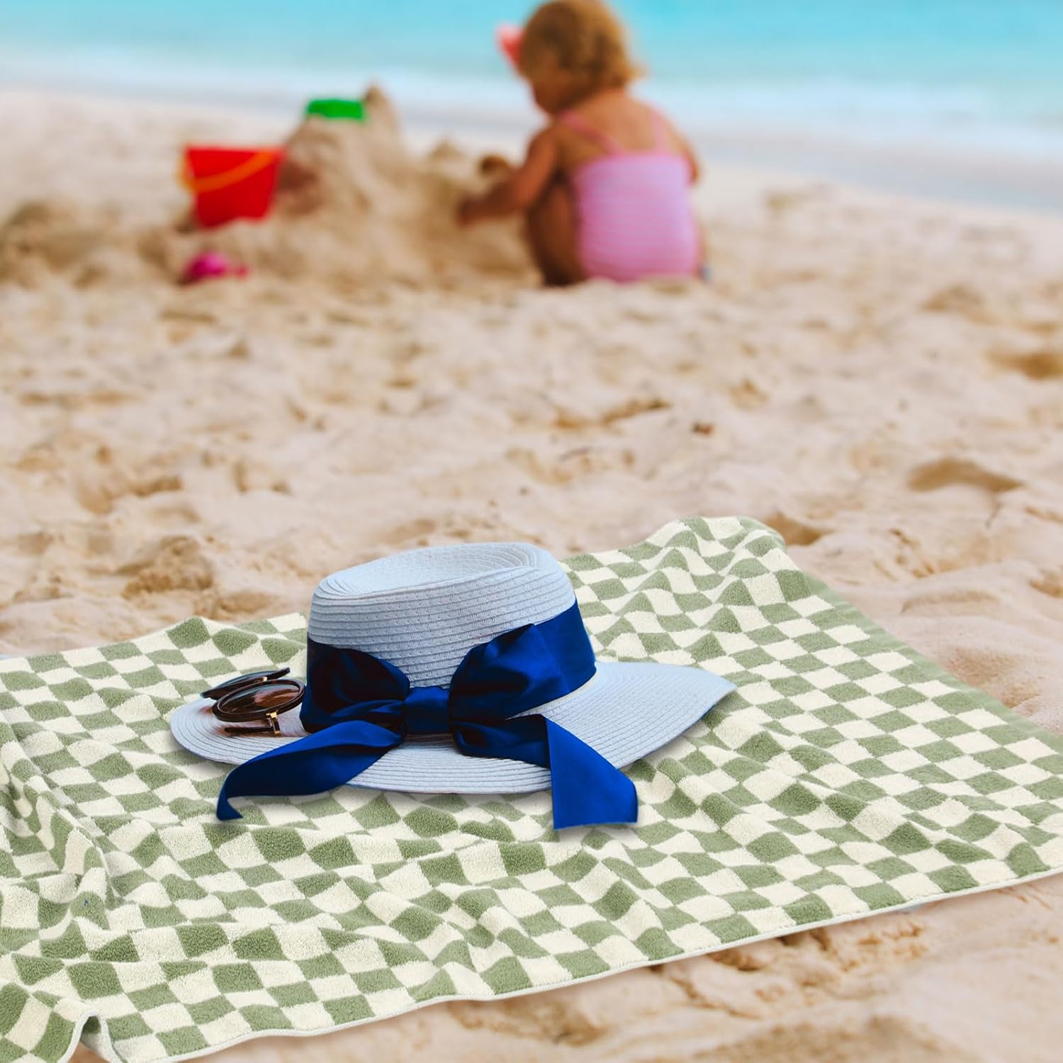 Breling 2 Pcs Checkered Large Bath Towels Bulk 55.12 x 27.56 Inches Soft Cotton Absorbent Retro Bath Towels for Bathroom Spa Shower Gifting Hotel Gym Beach Pool Body Drying(Green) - Image 7