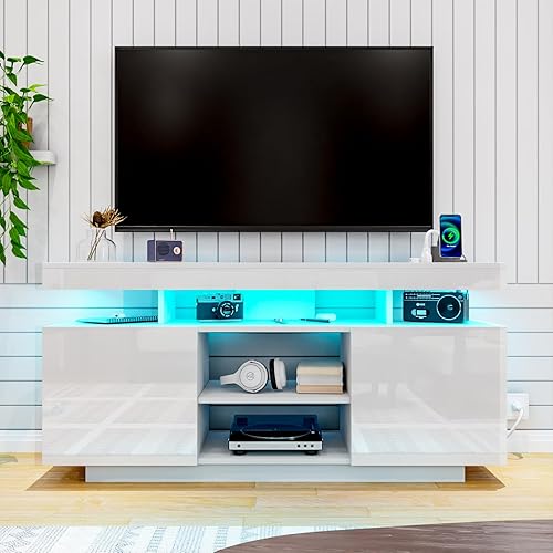 Miniatura 10 de HOMMPA Soporte de TV LED moderno para TV de 55/50/43/40/32 pulgadas con tomas de corriente, centro de entretenimiento con almacenamiento para