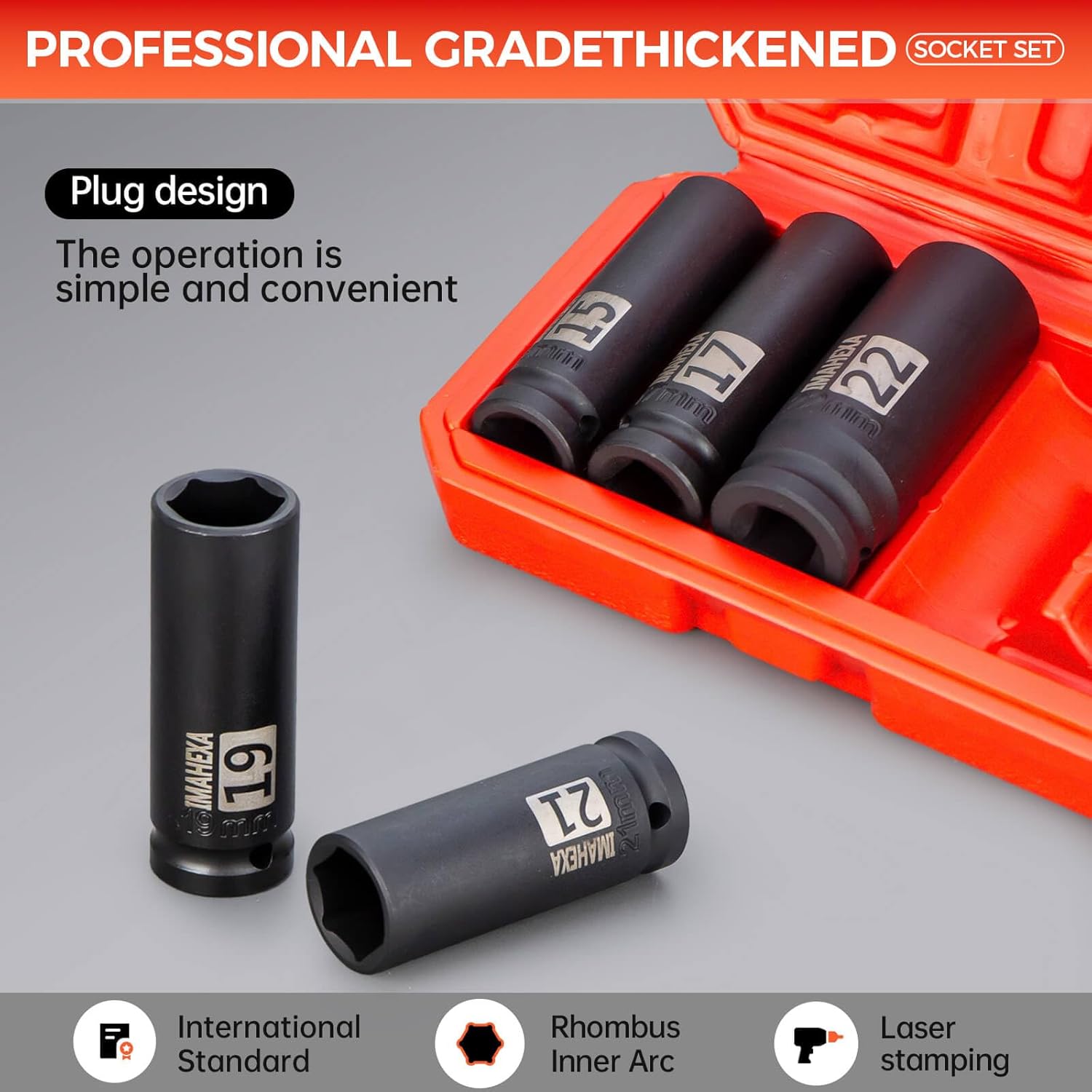 1/2" Drive Impact Long Socket Set, 5 Piece Metric Sizes (15,19,21 to 22 mm),Allen Socket Set,Deep CO-MO Meterial Socket,With Premium Red Socket Organizer