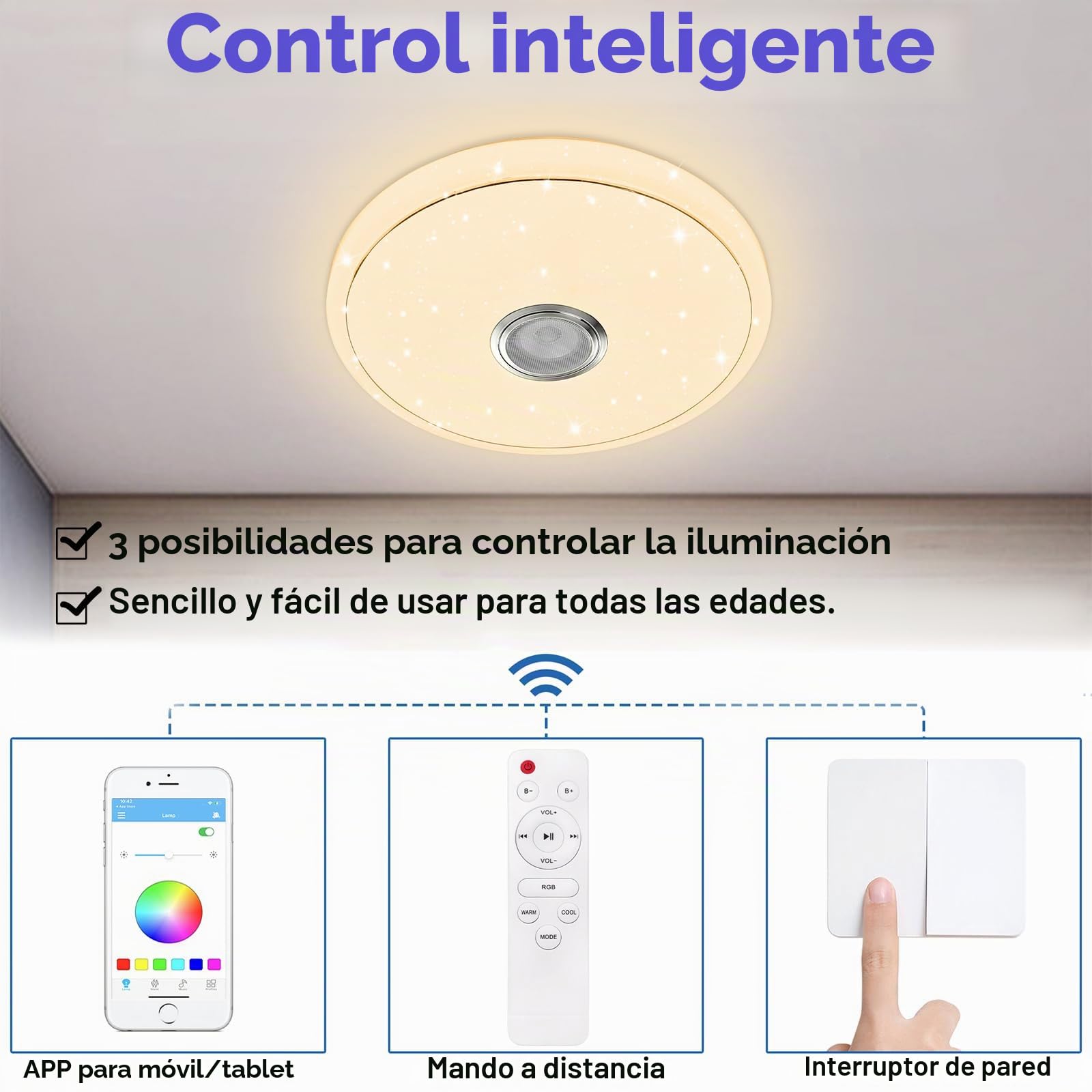 UISEBRT - Lámpara de techo LED regulable (48 W, con altavoz Bluetooth, luz inteligente RGB con mando a distancia y control de aplicación, lámpara de techo con cambio de color para sala de estar