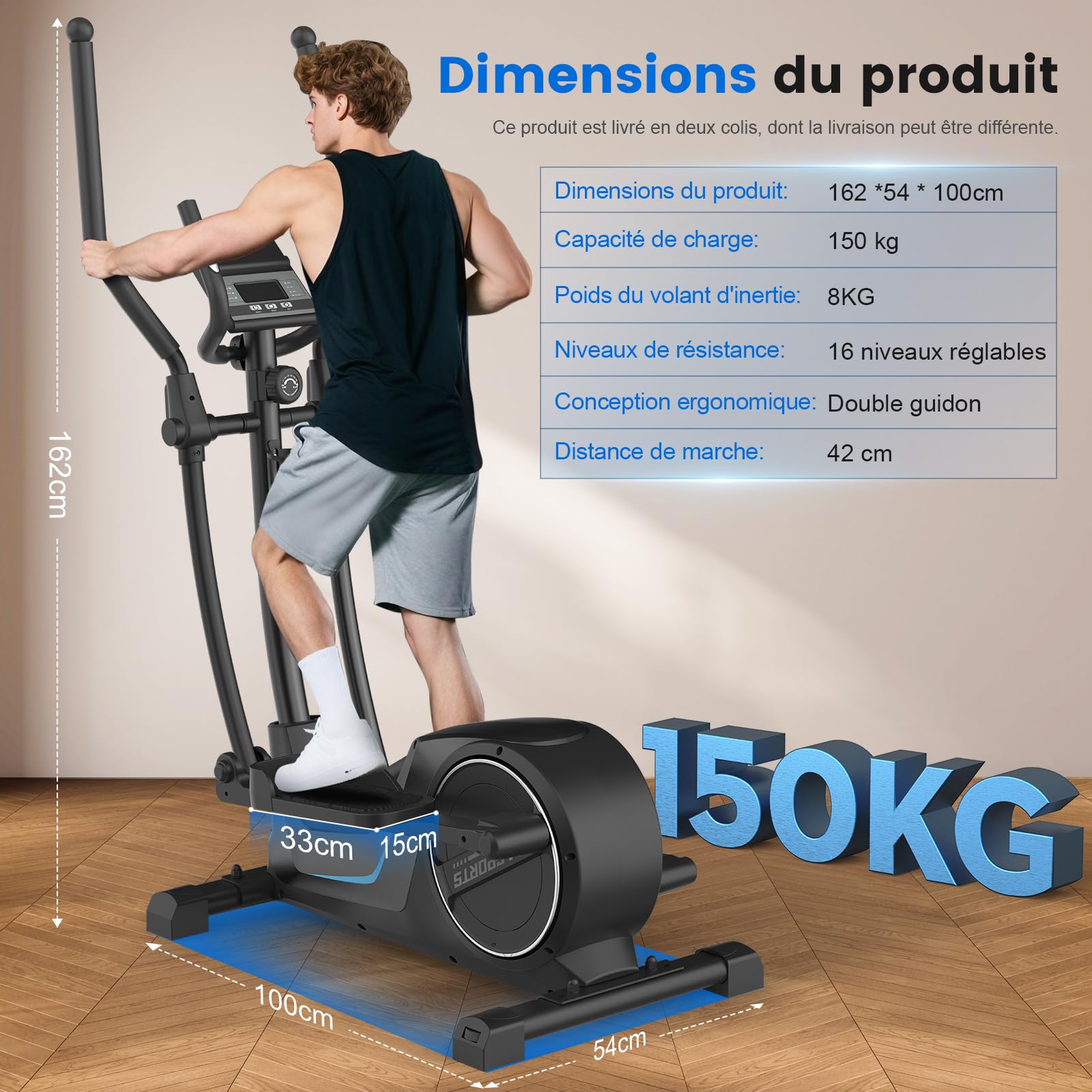 Neezee Velo Elliptique, Ultra Silencieux Vélos Elliptiques pour Usage Domestique avec 16 Niveaux de Résistance, Foulée de 42 cm, Volant d'inertie de 8 kg, écran LCD Compatible avec Apps, Poids 150KG