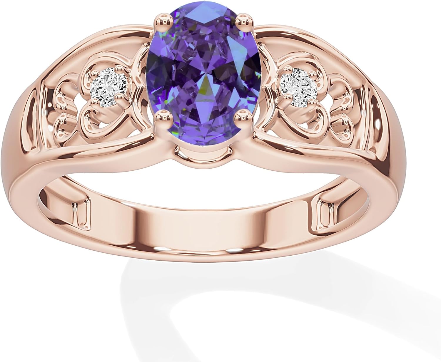 THE JEWEL ZONE Solitaire Engagement Rings for Women, Center 8X6MM Simulated Amethyst With White CZ Gemstone Ring In 14K Gold Plated 925 Sterling Silver