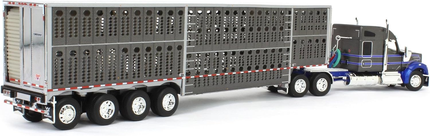 DCP First Gear 1/64 Gray & Blue Kenworth W990 with Wilson Silverstar Livestock Quad-Axle Trailer 60-1897