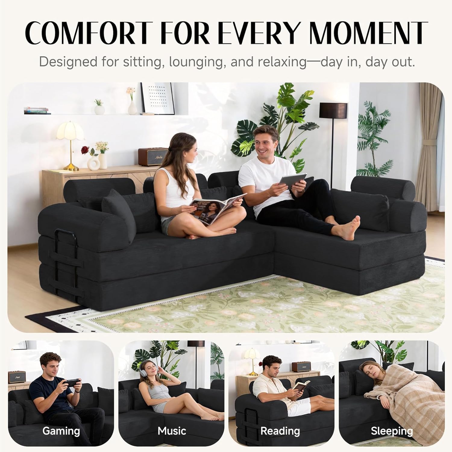 106'' L-Shaped Modular Sofa Bed, 5-in-1 Convertible Sectional Couch with Corduroy, Oversized Floor Lounger & Pull-Out Sleeper, Lumbar Support, Living Room/Gaming Room (Black)