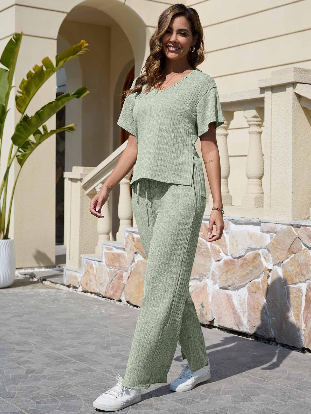 CheChury Ensemble Femme Pantalon et Haut Fluide 2 Pièces Manches Courtes Top Pantalon avec Poches Ensemble Deux Pièces Loungewear Casual Outfit Été Automne Survêtement Suit