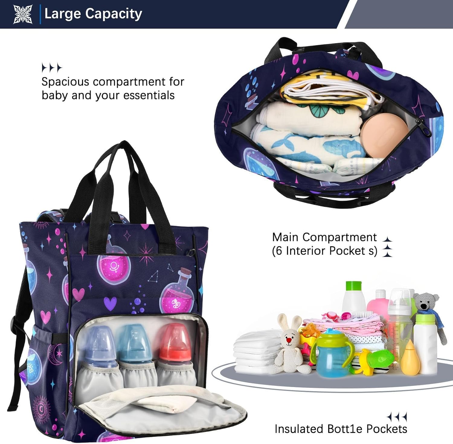 Magic Stars Hearts Black Pattern Diaper Bag Backpack for Baby Boys Girls Multifunction Baby Essentials Travel Tote with Stroller Straps & Bottle Storage Nappy Changing Bag for Baby Shower Gifts