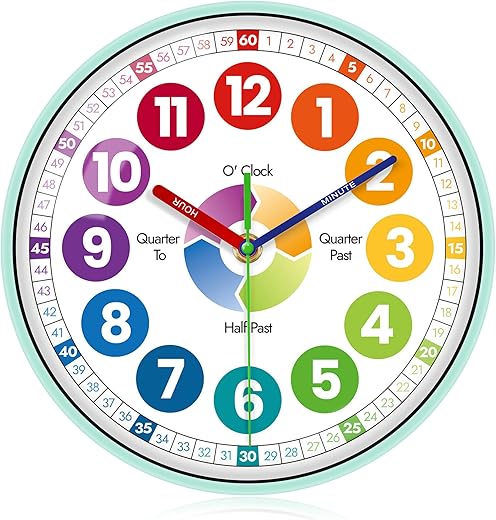 VIKMARI Kids Room Wall Clock, Silent Non-Ticking Colorful Learn to Tell Time Wall Clocks, Time Decorative Learning Clock for Bedroom Playroom School Classroom Wall(Blue,10 Inch)