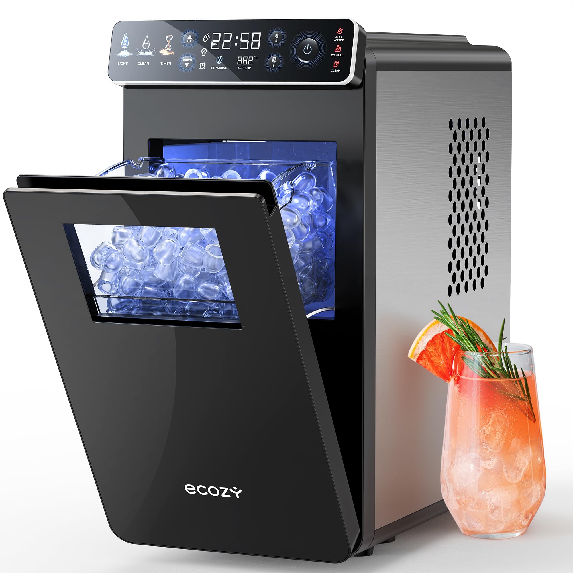 Photo 1 of ecozy Ice Makers Countertop, Ultra Slim Design with Full-Color Panel, Internal Lights, 26 lbs/24H, Timer Ice Making, Two Ice Sizes, Portable Self-Cleaning Ice Machine for Home/Kitchen/RV
