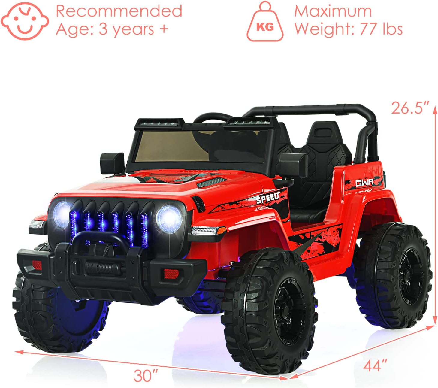 OLAKIDS Kids Ride on Truck, 12V Electric Vehicle with Remote Control, Battery Powered Toddler Car with Music, Horn, 3 Speeds, LED Lights, Bluetooth, USB, Radio (Red)