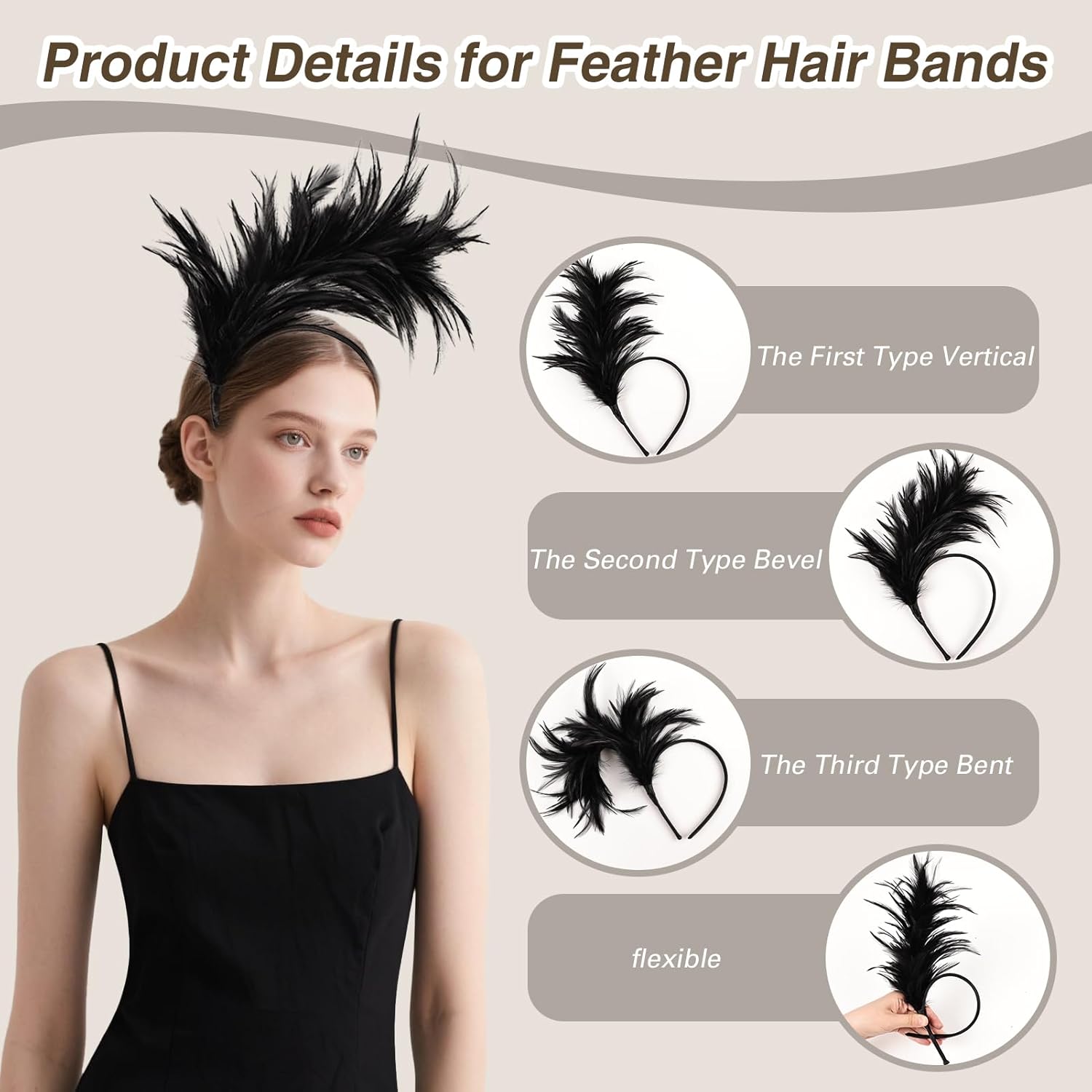 Feather Headband for Women Feather Fascinator Headband Cocktail Wedding Party - Image 3