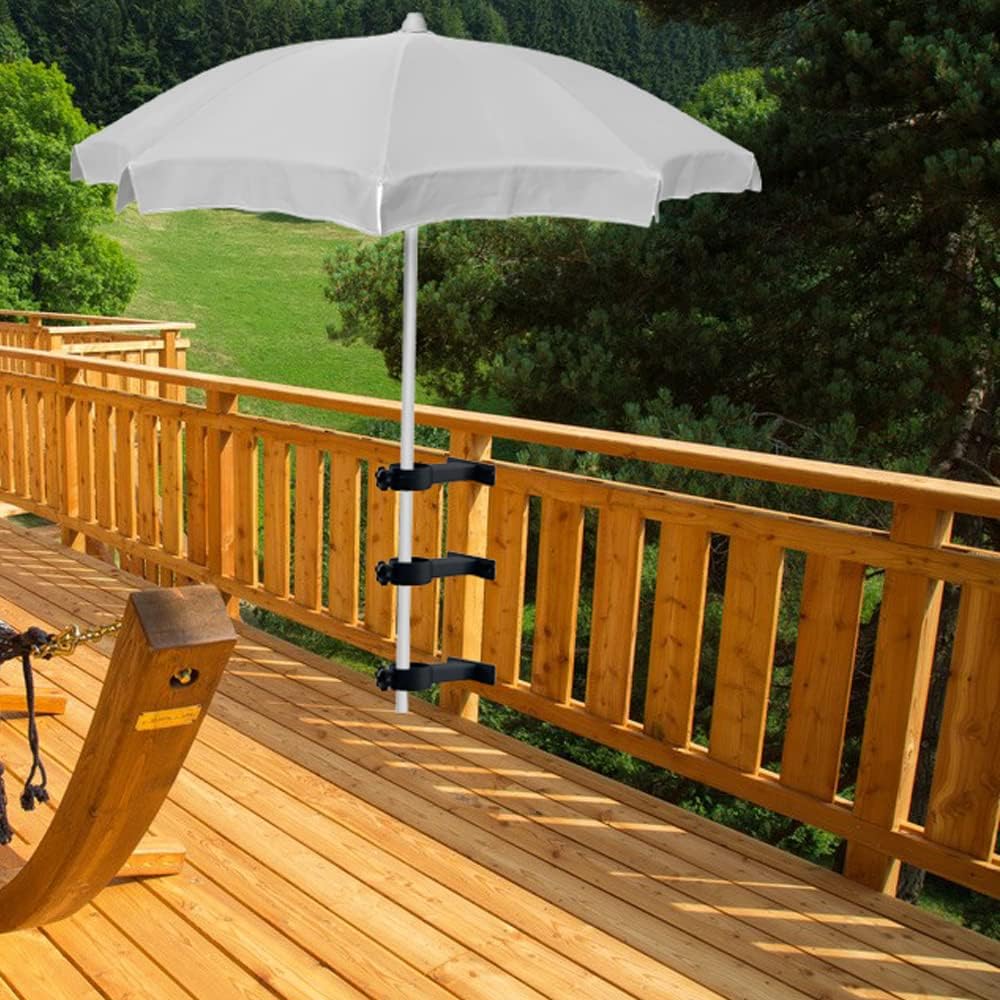 Deck Patio Umbrella Holder Heavy Duty Adjustable Metal Umbrella Clamp Stand Mount Attaches to Railing, Outdoor Courtyard, Balcony, Boats, 3 Pack Black