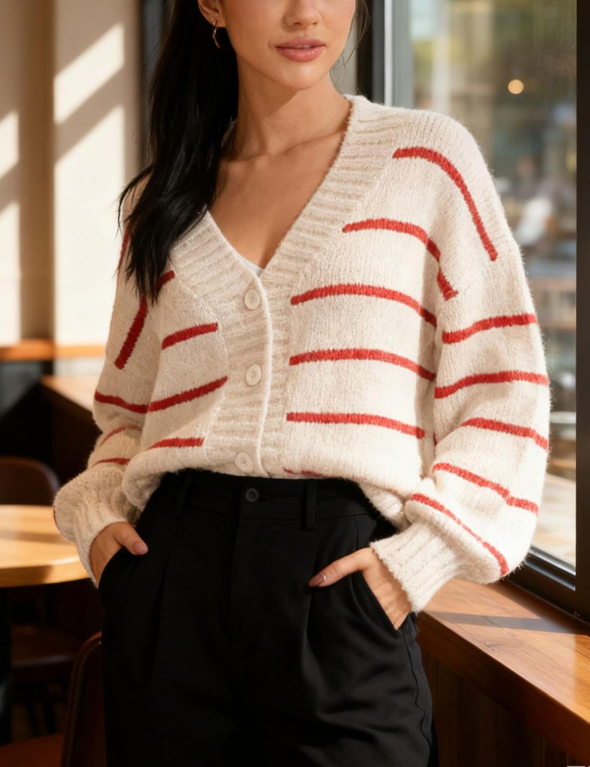 QIBABU Womens Striped Cardigan Sweaters Oversized V Neck Open Front Button Down Knit Outwear - Image 2