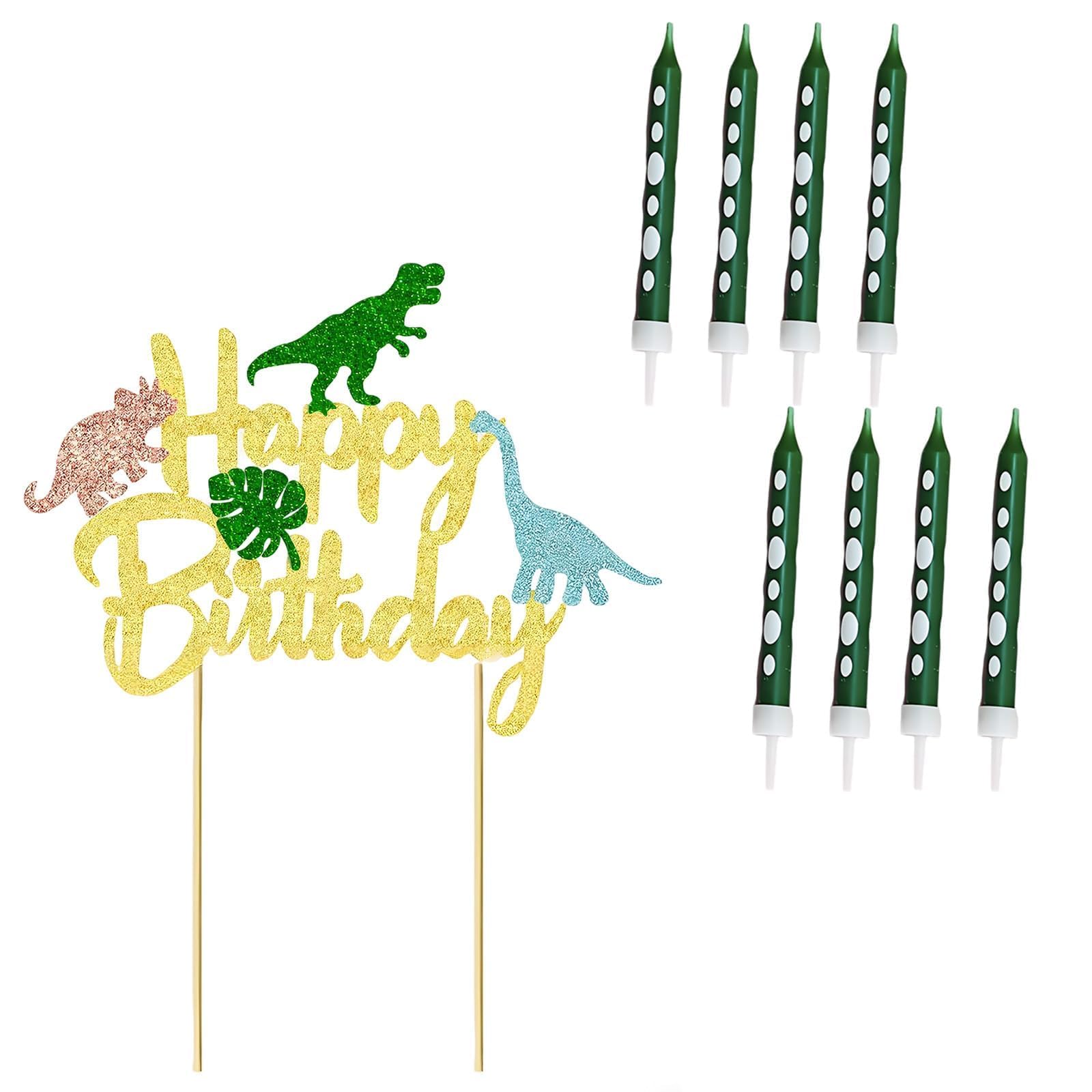 9Pcs Dinosaur Cake Toppers Set, with Green Birthday Candles Dinosaur Cake Decorations Dinosaurs Birthday Candles for Cakes, Cake Decorations for Boys and Girls Party Shower Supplies