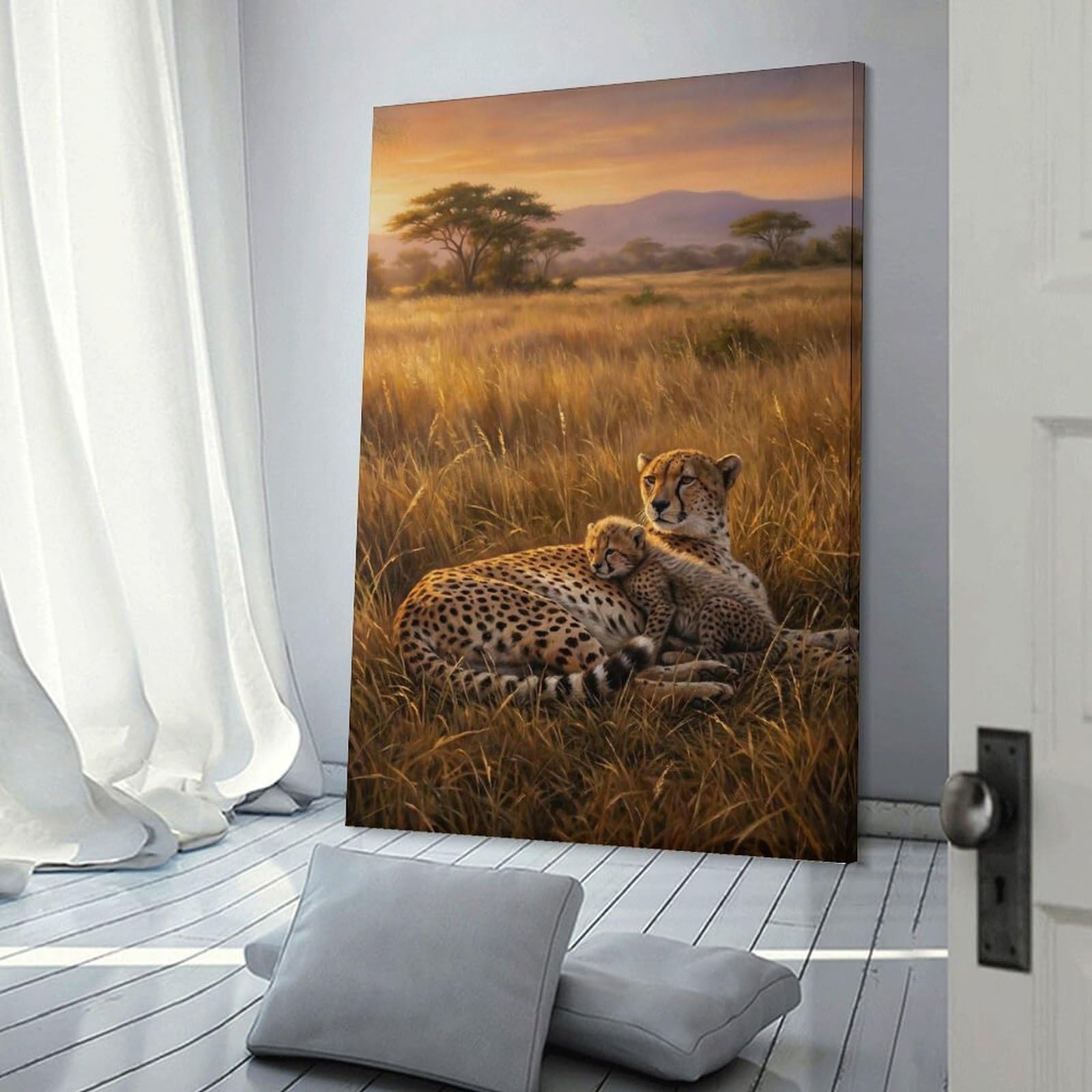 Junmoney Wall Decor Canvas Print Cheetah And Cub in Savannah, 20x30inch(50x75cm), for Home Lounge, Bedroom Or Reading Nook, Canvas Styling for A Polished Room Look