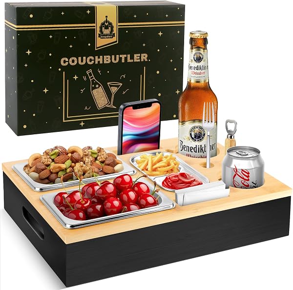 Herenear Couchbar, Snackbox Sofatablett, Couch Bar mit Geschenkbox, Snackspender mit Snackschale, Getränkehalter Flaschenhalter, Snackbar Organizer Abnehmbarer Deckel für Sofa (Schwarz) - 1
