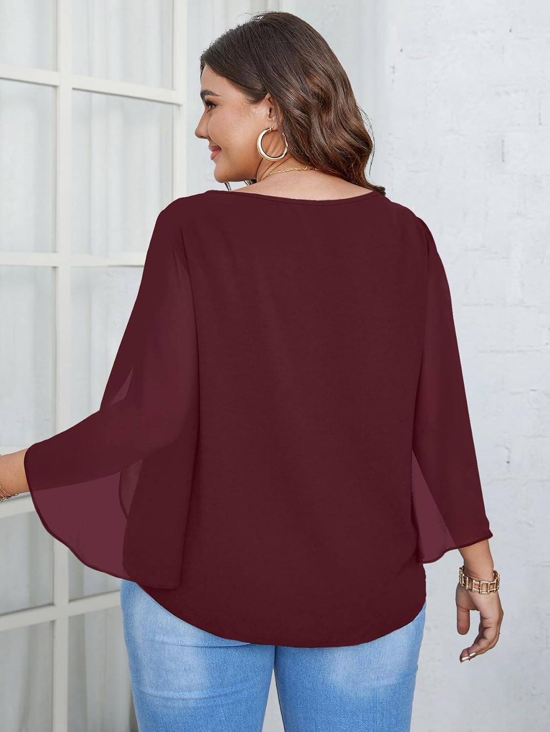 SCOMCHIC Plus Size Blouses for Women Summer Chiffon 3/4 Sleeve Tunic Tops Dressy Scoop Neck Casual Loose Flowy Shirts - Image 6